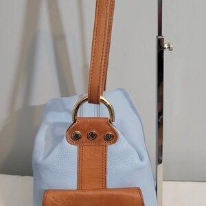 Valentina Convertible Leather Sling Backpack Purse Blue Tan